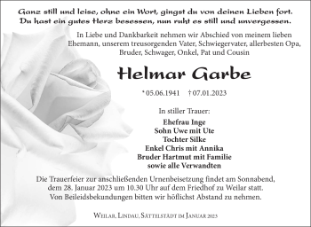 Traueranzeige von Helmar Garbe von Südthüringer Presse