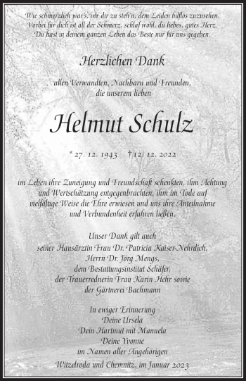 Traueranzeige von Helmut Schulz von Südthüringer Presse