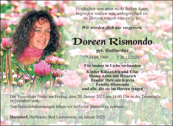 Traueranzeige von Doreen Rismondo von Südthüringer Presse