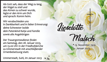 Traueranzeige von Lieselotte Malsch von Südthüringer Presse