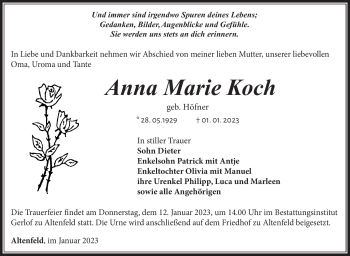 Traueranzeige von Anna Marie Koch von Südthüringer Presse