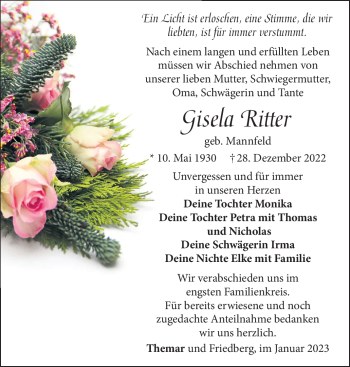 Traueranzeige von Gisela Ritter von Südthüringer Presse