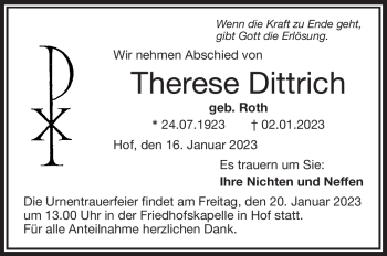 Traueranzeige von Therese Dittrich von Frankenpost