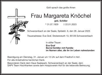 Traueranzeige von Margareta Knöchel von Frankenpost