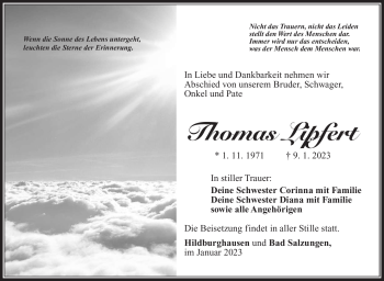 Traueranzeige von Thomas Lipfert von Südthüringer Presse