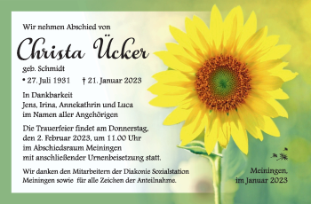 Traueranzeige von Christa Ücker von Südthüringer Presse