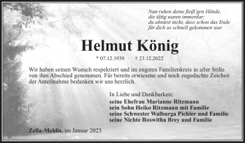 Traueranzeige von Helmut König von Südthüringer Presse