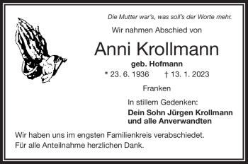 Traueranzeige von Anni Krollmann von Frankenpost
