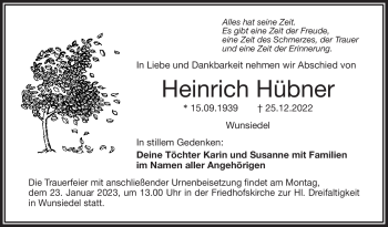 Traueranzeige von Heinrich Hübner von Frankenpost