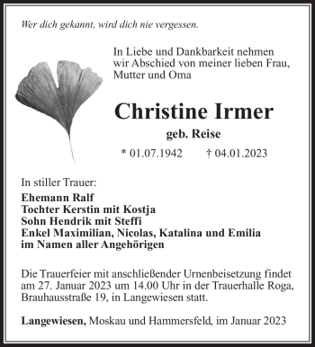 Traueranzeige von Christine Irmer von Südthüringer Presse