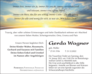 Traueranzeige von Gerda Wagner von Südthüringer Presse