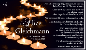 Traueranzeige von Alice Gleichmann von Südthüringer Presse