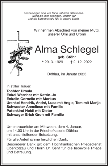 Traueranzeige von Alma Schlegel von Frankenpost