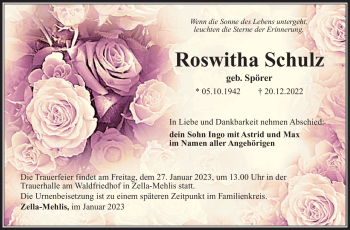 Traueranzeige von Roswitha Schulz von Südthüringer Presse