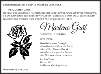Traueranzeige von Marlene Gräf von Südthüringer Presse