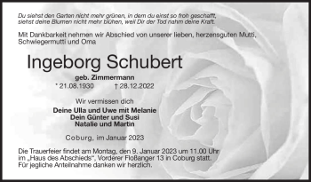 Traueranzeige von Ingeborg Schubert von Neue Presse Coburg