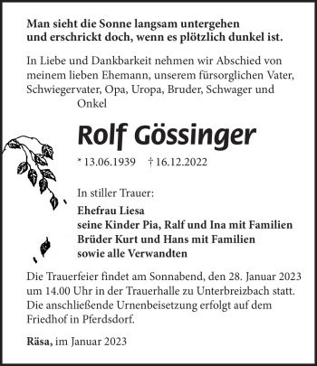Traueranzeige von Rolf Gössinger von Südthüringer Presse