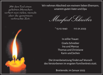 Traueranzeige von Manfred Schreiber von Südthüringer Presse