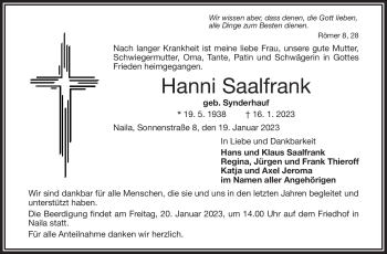 Traueranzeige von Hanni Saalfrank von Frankenpost