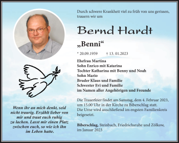 Traueranzeige von Bernd Hardt von Südthüringer Presse