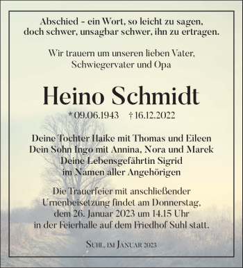 Traueranzeige von Heino Schmidt von Südthüringer Presse