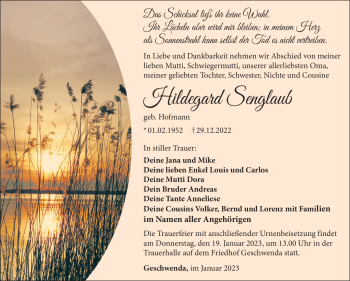 Traueranzeige von Hildegard Senglaub von Südthüringer Presse