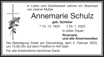 Traueranzeige von Annemarie Schulz von Frankenpost