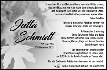 Traueranzeige von Jutta Schmidt von Südthüringer Presse