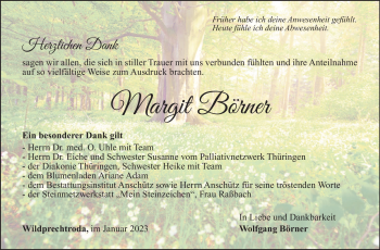 Traueranzeige von Margit Börner von Südthüringer Presse