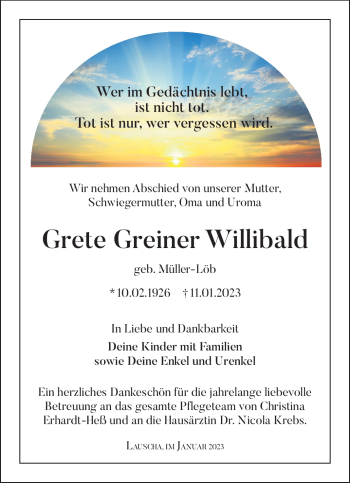 Traueranzeige von Grete Greiner Willibald von Südthüringer Presse
