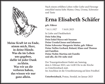 Traueranzeige von Erna Schäfer von Südthüringer Presse