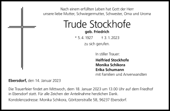 Traueranzeige von Trude Stockhofe von Neue Presse Coburg