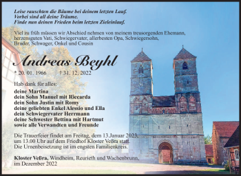 Traueranzeige von Andreas Beyhl von Südthüringer Presse