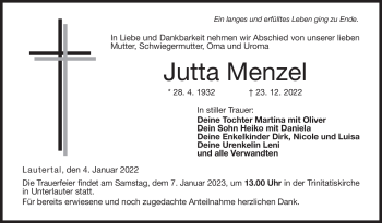 Traueranzeige von Jutta Menzel von Neue Presse Coburg
