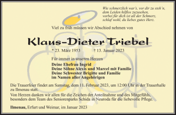 Traueranzeige von Klaus-Dieter Triebel von Südthüringer Presse