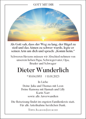 Traueranzeige von Dieter Wunderlich von Frankenpost