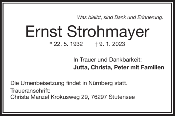 Traueranzeige von Ernst Strohmayer von Frankenpost