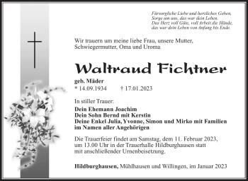 Traueranzeige von Waltraud Fichtner von Südthüringer Presse