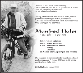 Traueranzeige von Manfred Hahn von Südthüringer Presse