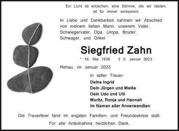 Traueranzeige von Siegfried Zahn von Frankenpost