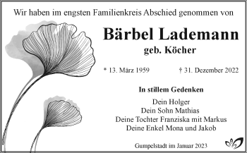 Traueranzeige von Bärbel Lademann von Südthüringer Presse