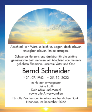 Traueranzeige von Bernd Schneider von Südthüringer Presse