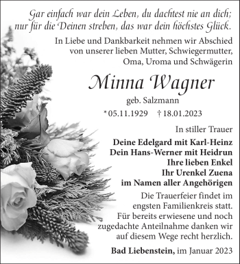 Traueranzeige von Minna Wagner von Südthüringer Presse