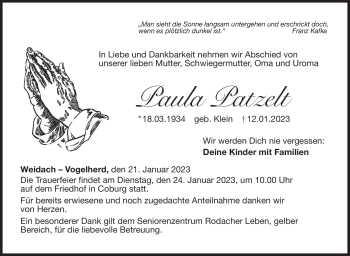 Traueranzeige von Paula Patzelt von Neue Presse Coburg