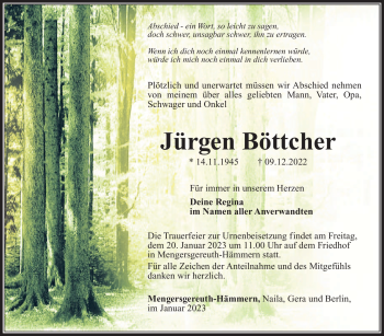 Traueranzeige von Jürgen Böttcher von Südthüringer Presse