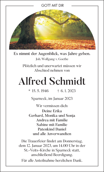 Traueranzeige von Alfred Schmidt von Frankenpost