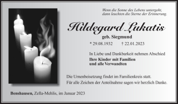 Traueranzeige von Hildegard Lukatis von Südthüringer Presse