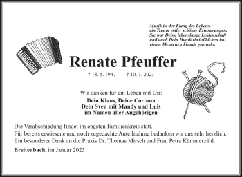 Traueranzeige von Renate Pfeuffer von Südthüringer Presse