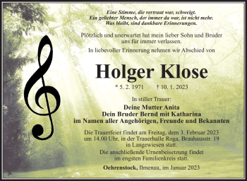 Traueranzeige von Holger Klose von Südthüringer Presse