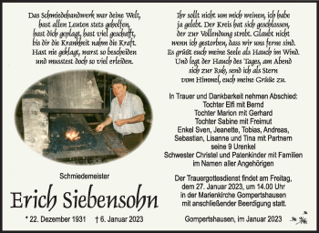 Traueranzeige von Erich Siebensohn von Südthüringer Presse